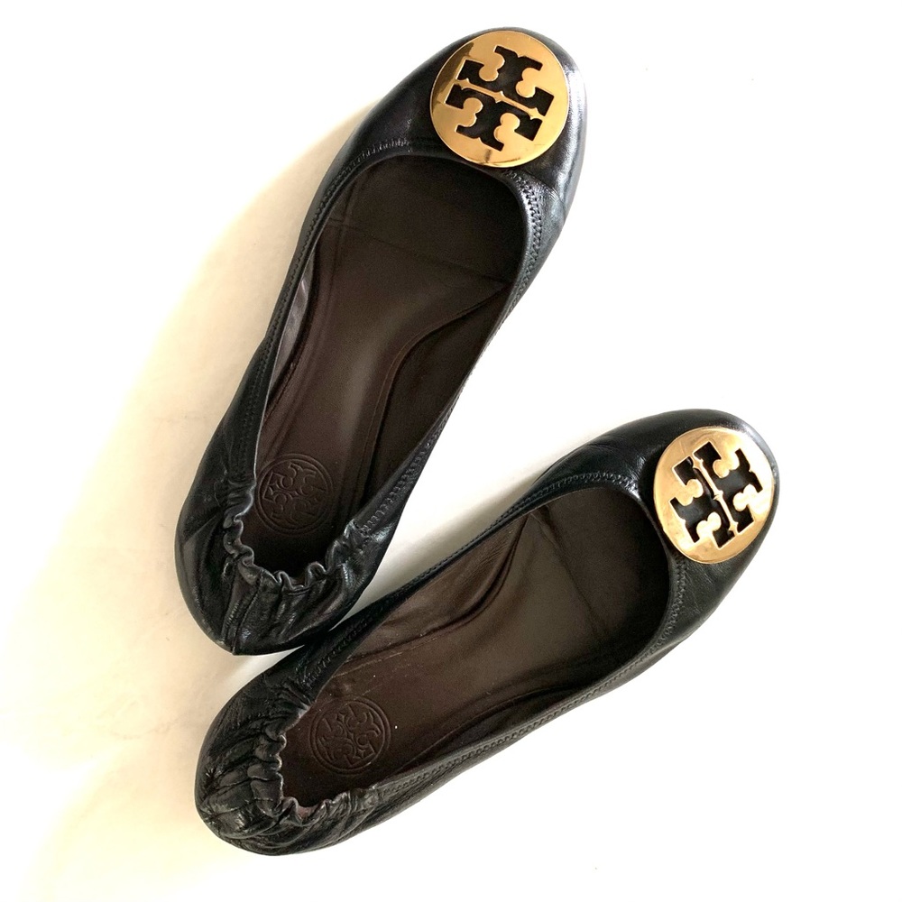 Tory Burch Black Gold Reva Ballet Flats Sz 7.5 + 8